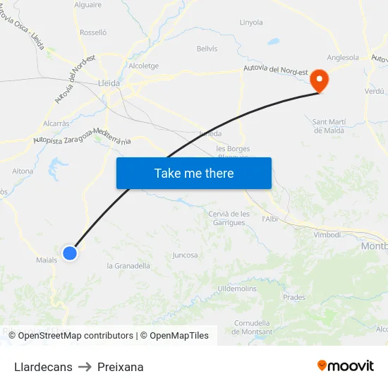 Llardecans to Preixana map