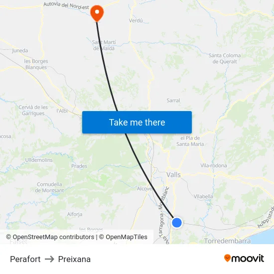 Perafort to Preixana map