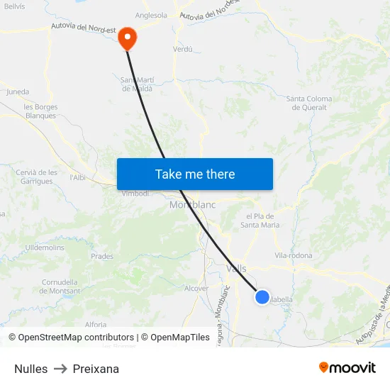 Nulles to Preixana map