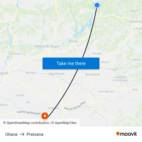 Oliana to Preixana map