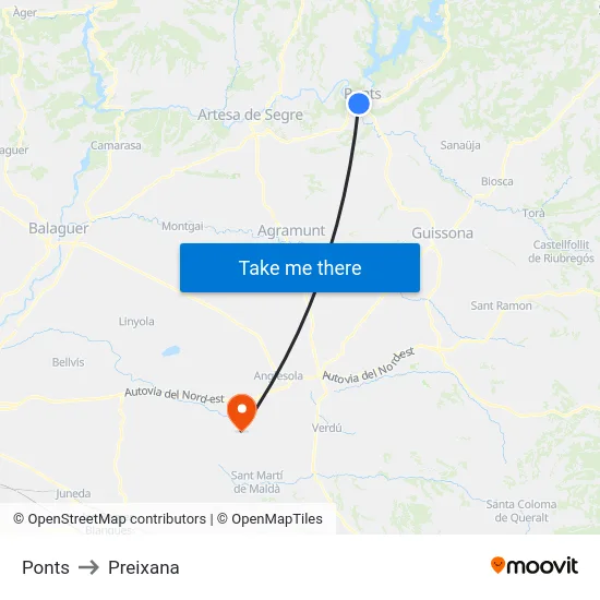 Ponts to Preixana map