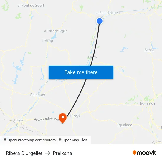 Ribera D'Urgellet to Preixana map
