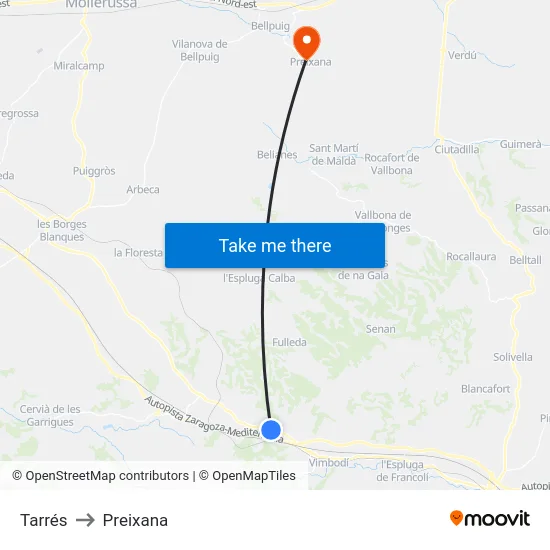 Tarrés to Preixana map