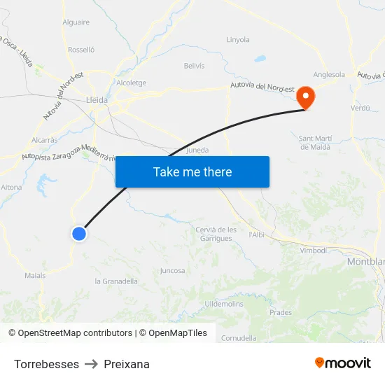 Torrebesses to Preixana map