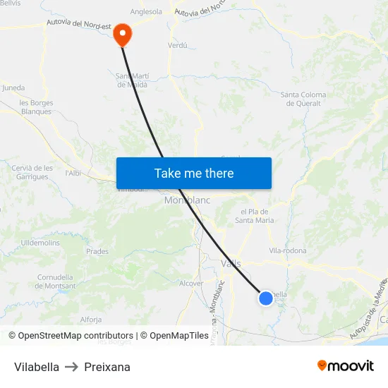 Vilabella to Preixana map
