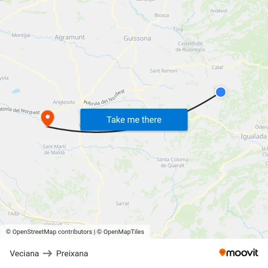 Veciana to Preixana map