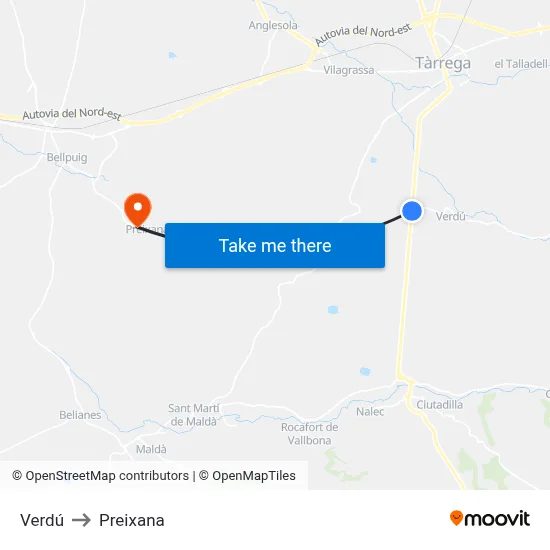 Verdú to Preixana map