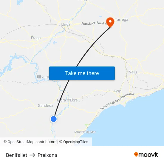 Benifallet to Preixana map