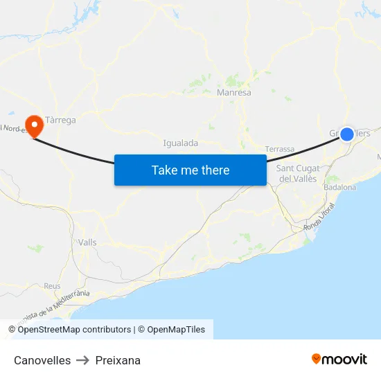 Canovelles to Preixana map