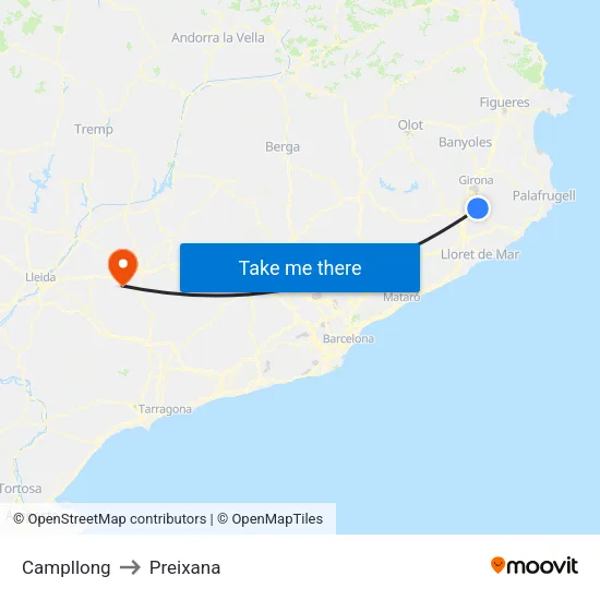 Campllong to Preixana map