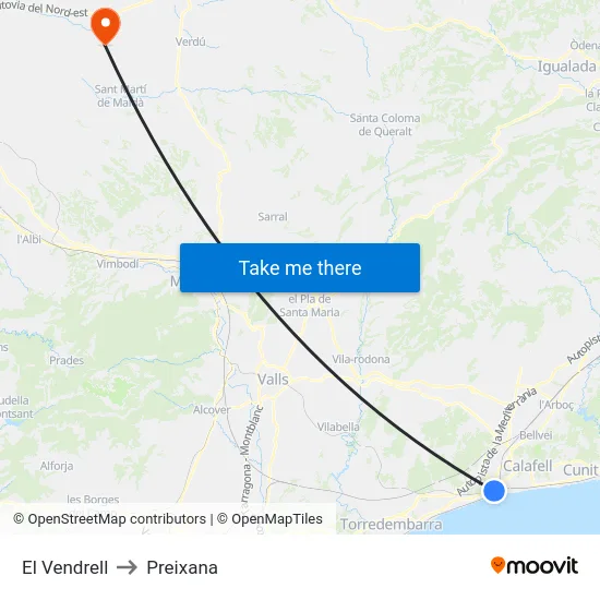El Vendrell to Preixana map