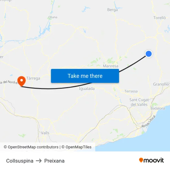 Collsuspina to Preixana map