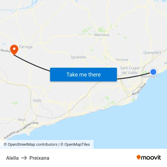 Alella to Preixana map