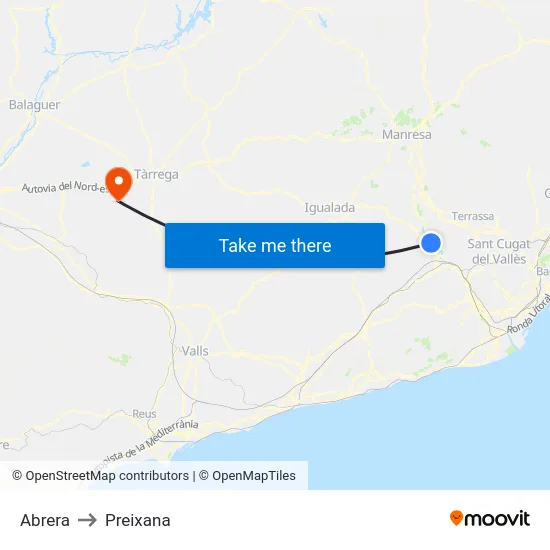 Abrera to Preixana map