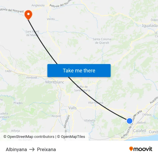 Albinyana to Preixana map