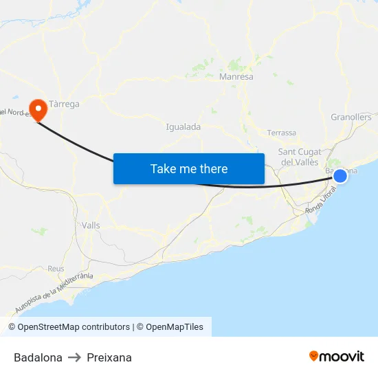 Badalona to Preixana map