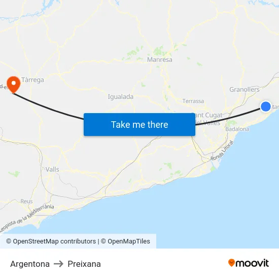 Argentona to Preixana map