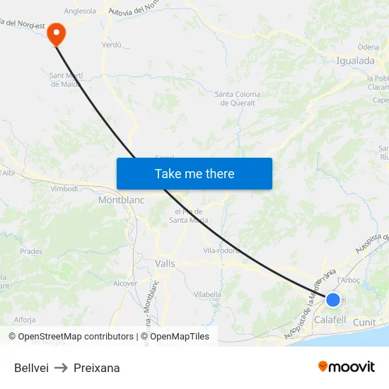 Bellvei to Preixana map