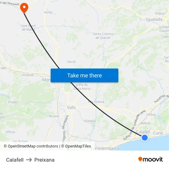 Calafell to Preixana map