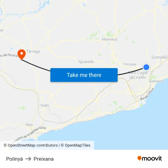Polinyà to Preixana map