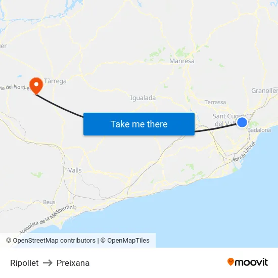 Ripollet to Preixana map