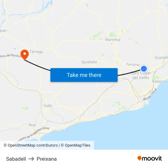 Sabadell to Preixana map