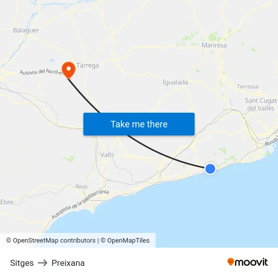 Sitges to Preixana map