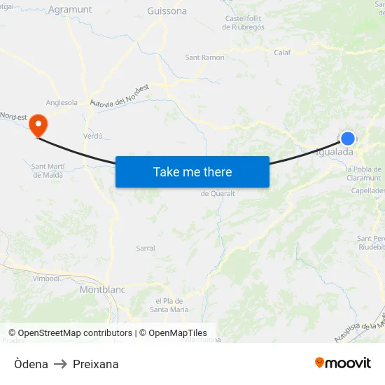 Òdena to Preixana map
