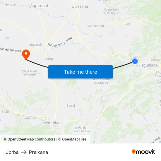 Jorba to Preixana map