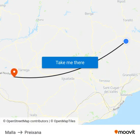 Malla to Preixana map