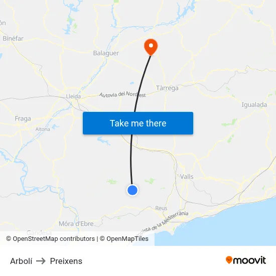 Arbolí to Preixens map