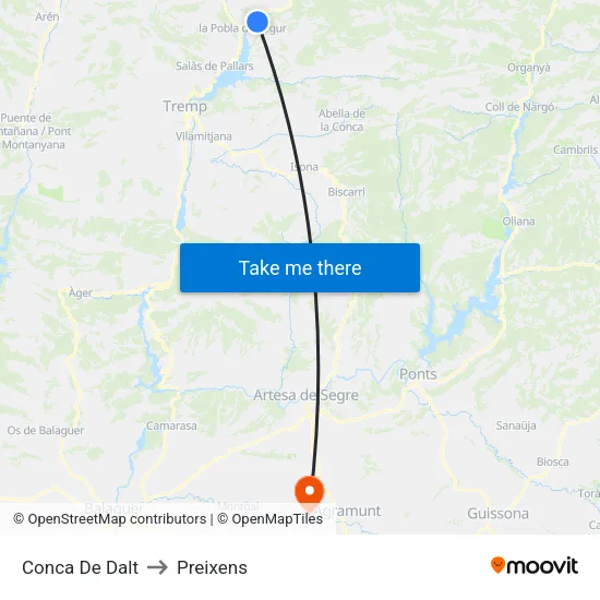 Conca De Dalt to Preixens map
