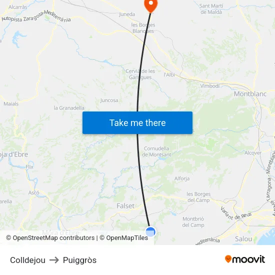 Colldejou to Puiggròs map