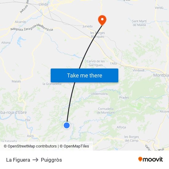 La Figuera to Puiggròs map
