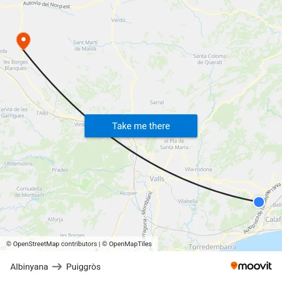 Albinyana to Puiggròs map