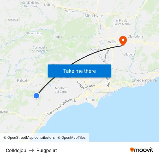 Colldejou to Puigpelat map