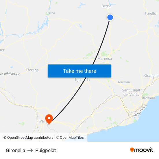 Gironella to Puigpelat map