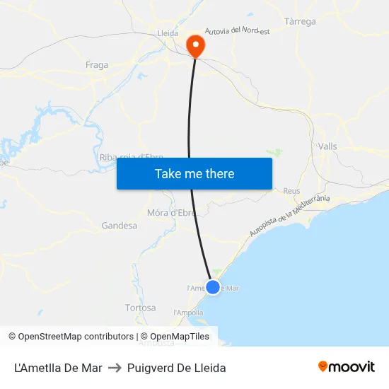 L'Ametlla De Mar to Puigverd De Lleida map