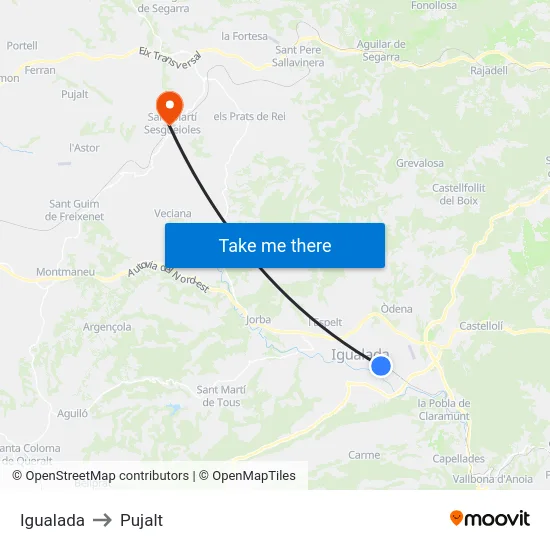 Igualada to Pujalt map