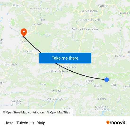 Josa I Tuixén to Rialp map