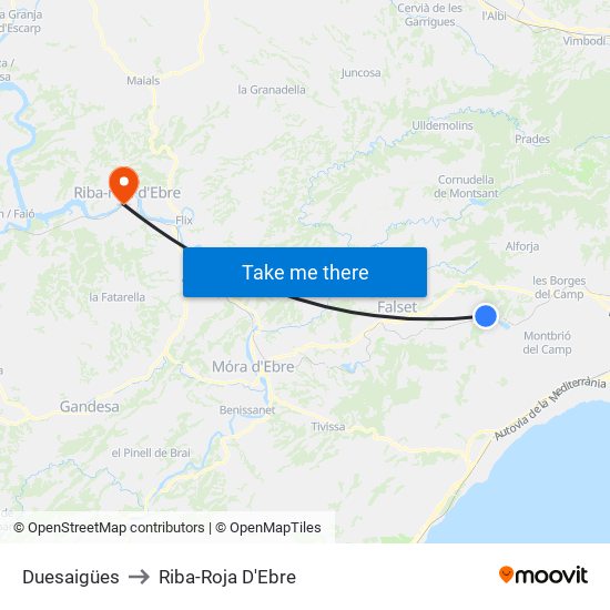 Duesaigües to Riba-Roja D'Ebre map