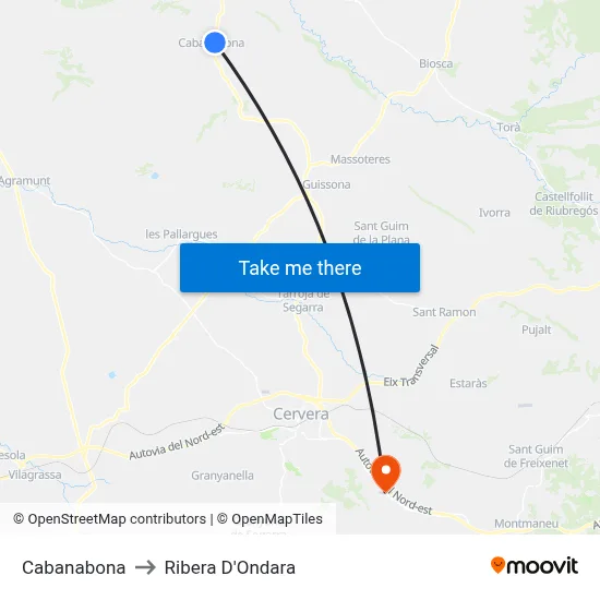 Cabanabona to Ribera D'Ondara map