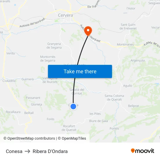 Conesa to Ribera D'Ondara map