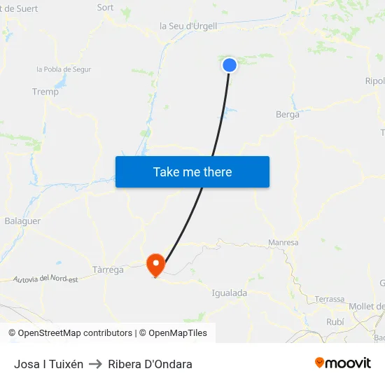 Josa I Tuixén to Ribera D'Ondara map