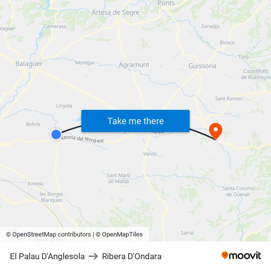 El Palau D'Anglesola to Ribera D'Ondara map