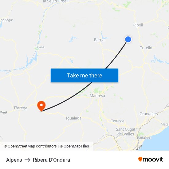 Alpens to Ribera D'Ondara map