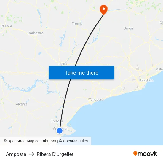 Amposta to Ribera D'Urgellet map