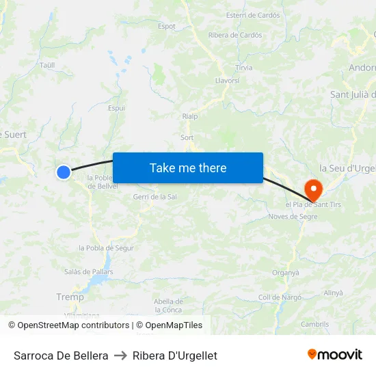 Sarroca De Bellera to Ribera D'Urgellet map
