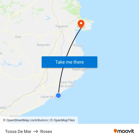 Tossa De Mar to Roses map