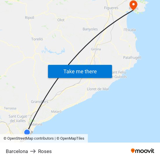 Barcelona to Roses map